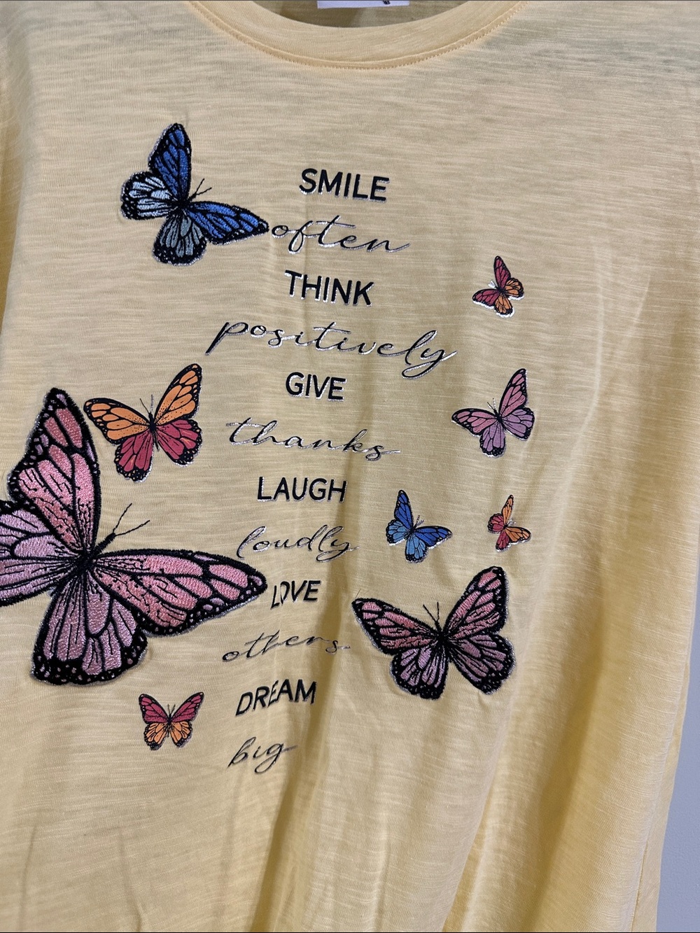 Girls Yellow Short Sleeve Tee with Multicolor Butterfly Graphic